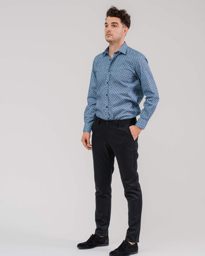 PANTALONI DE LÂNĂ FINE CU ELASTAN PEPIT MIC CULOAREA ALBASTRU ANCHIS 200213088266-2 01