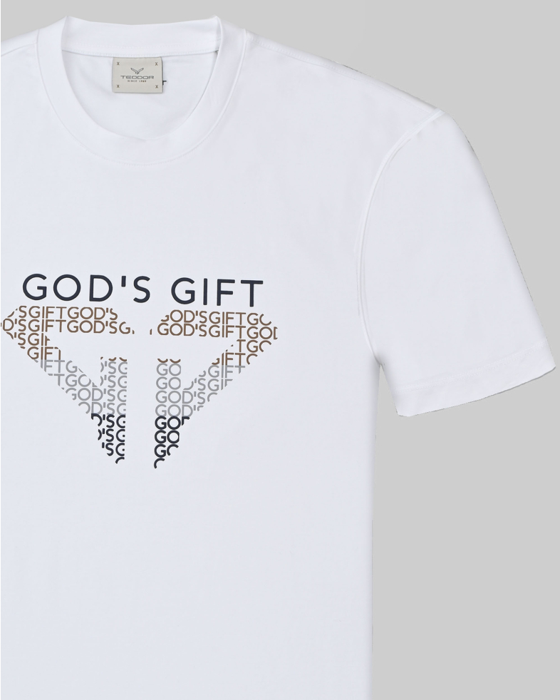 БЯЛА ТЕНИСКА ОТ PREMIUM ПАМУК С ЕФЕКТЕН ЛОГО ПРИНТ И НАДПИС GOD`S GIFT 250110131809-1 05