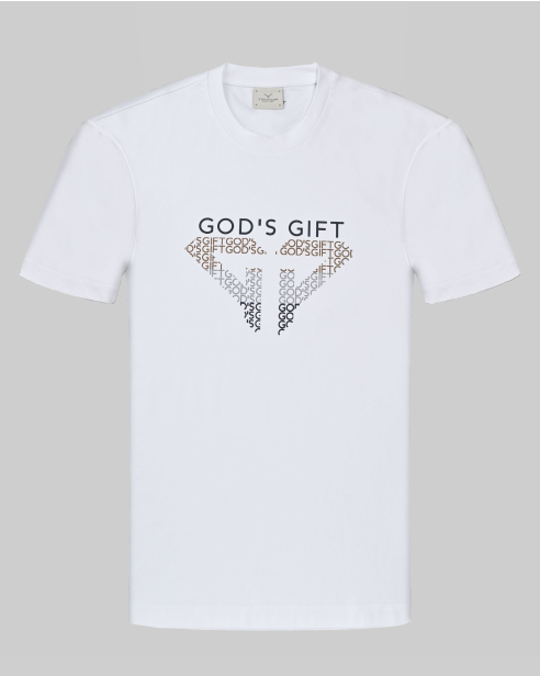 БЯЛА ТЕНИСКА ОТ PREMIUM ПАМУК С ЕФЕКТЕН ЛОГО ПРИНТ И НАДПИС GOD`S GIFT